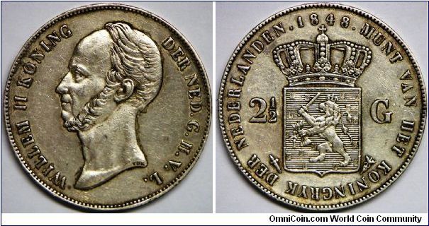 Kingdom, William II (1840 - 1849), 2 1/2 Gulden, 1848. 24.94g, 0.9450 Silver, .7596 Oz. ASW., 38mm. Mintage: 8,339,330 units. Cleaned, EF. [SOLD]