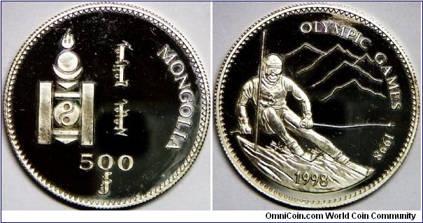 State, 500 Tugrik, 1998. 15.0000 g, 0.9250 Silver, .4401 Oz. ASW. Subject: 1998 Olympics. Obv: Soembo arms. Rev: Skier. Proof.