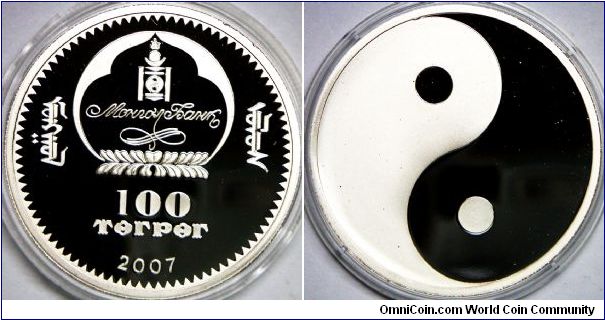 State, 100 Tugrik, Yin-Yang, 2007. Silver Plated Copper-Nickel, 28.0000 g Mintage: 2,000 units. PROOF.