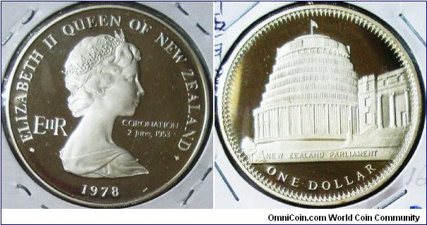 Elizabeth II Queen of New Zealand, One Dollar, 1978. Subject: E II R Coronation 2 June, 1953. PROOF.