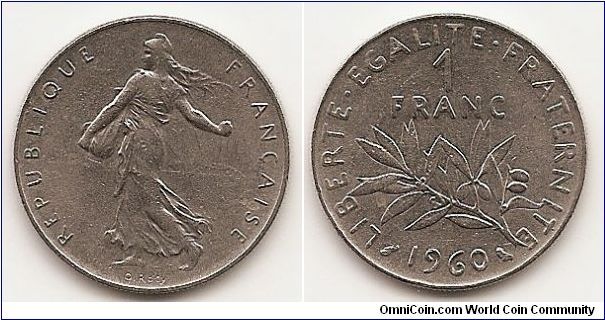 1 Franc 
KM#925.1
6.0000 g., Nickel, 24 mm. Obv: The seed sower Rev: Laurel
branch divides denomination and date Edge: Reeded Note:
Without mint mark.