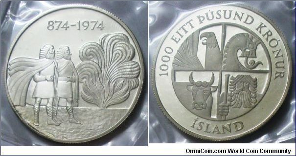 Iceland (874-1974), 1000 Kronur, 1974. Mintage: 58,000 units, but 17,000 were remelted.
 On the occasion of the 1100th Anniversary of Settlement. Obverse: Shows men appropriated land for themselves. Reverse: All the coins depicts Iceland's guardian spirits; a bull, a bird, a dragon and a giant. PROOF.