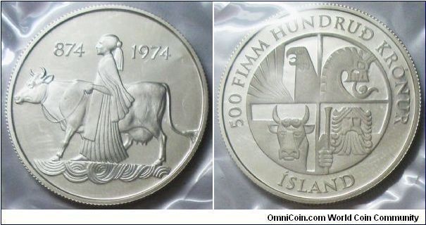 Iceland (874-1974), 500 Kronur, 1974. Mintage: 58,000 units, but 17,000 were remelted. 
On the occasion of the 1100th Anniversary of Settlement. Obverse: A woman leading a cow by herside, showing how women were allowed to take land for themselves. Reverse: All the coins depicts Icecland's guardian spirits; a bull, a bird, a dragon and a gaing. PROOF.