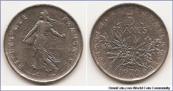 5 Francs 
KM#926a.1
10.0000 g., Nickel Clad Copper-Nickel, 29 mm. Obv: The seed
sower Rev: Branches divide denomination and date Edge: Reeded