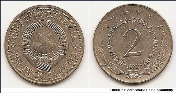 2 Dinara- Socialist Federal Republic - 
KM#57
Copper-Nickel-Zinc, 24.5 mm. Obv: State emblem Rev: Text
encircles denomination, wreath surrounds, six stars above Edge:
Milled