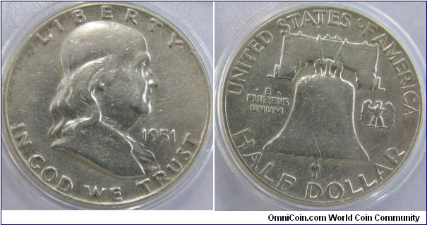 Benjamin Franklin Half Dollar, 50 Cents. 1951-Mintmark: None (for Philadelphia, PA) centered above the bell on the reverse.
Metal content:
Silver - 90%
Copper - 10%
