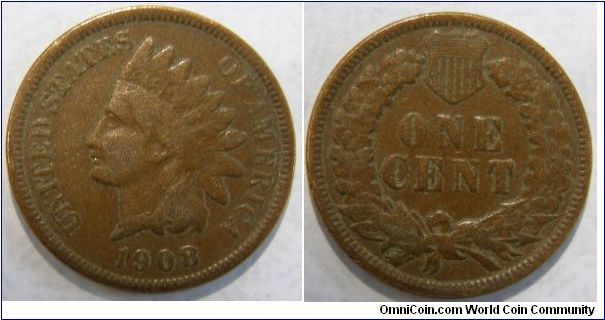 INDIAN HEAD CENT. 1908-Mintmark: None (for Philadelphia) below the bow of the wreath on the reverse.Metal content:
Copper - 95%
Tin and Zinc - 5%