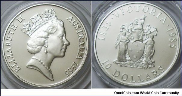 Australia, Queen Elizabeth II, 10 Dollars, 1985. Subject: The 1985 $10 coin is the first of a series which will feature the Coat of Arms of the individual States and Territories of the Commonwealth of Australia. The series is to be known as the $10 State Series and will be issued on a regular basis. PROOF.