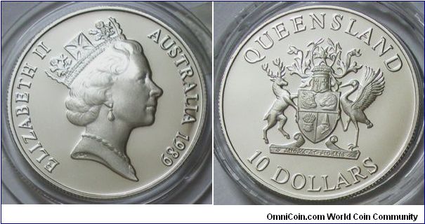 Australia, Queen Elizabeth II, 10 Dollars, 1989. Fourth in the Australian State Series. The Ten Dollar Silver Queensland coin. Obverse: Portrait of Queen Elizabeth II by Raphael Maklouf. Reverse: The Queensland State Coat of Arms, design work by Horse Hahne. PROOF.