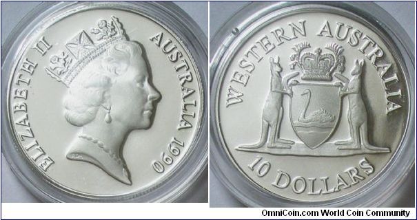 Australia, Queen Elizabeth II, 10 Dollars, 1990. Obverse: Portrait of Queen Elizabeth II. Reverse: The Western Australian State of oat of Arms modelled by Horst Hahne. PROOF.