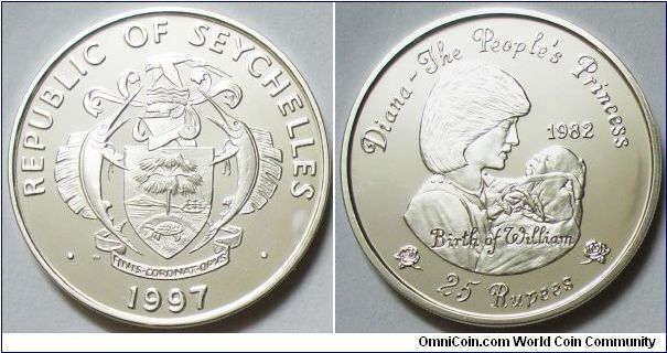 Republic: 25 Rupees, 1997. Subject: Diana - The People's Princess. 28.2800 g, 0.9250 Silver, .8410 Oz. ASW. Mintage: Est. 10,000 units. PROOF.