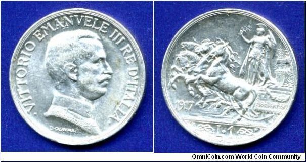 1 Lira.
Vittorio Emanuele III (1900-1946).
Legend on obverse without 'belt' (rim).
(R) Roma mint.


Ag835f. 5,0gr.