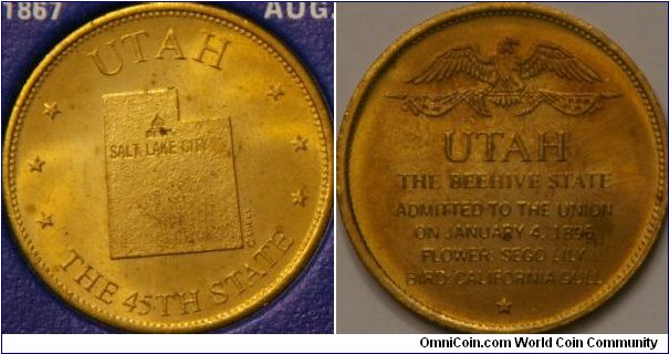 Utah, States of the Union collector coin from Shell Oil company, bronze, 26 mm