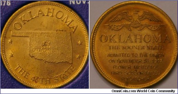 Oklahoma, States of the Union collector coin from Shell Oil company, bronze, 26 mm