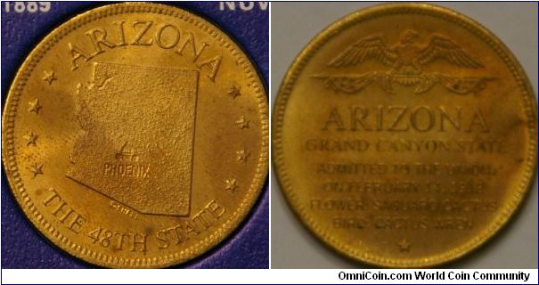 Arizona, States of the Union collector coin from Shell Oil company, bronze, 26 mm