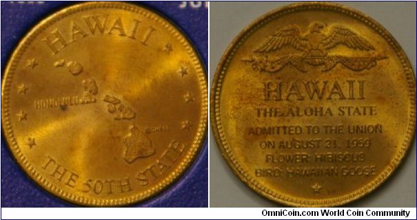Hawaii, States of the Union collector coin from Shell Oil company, bronze, 26 mm