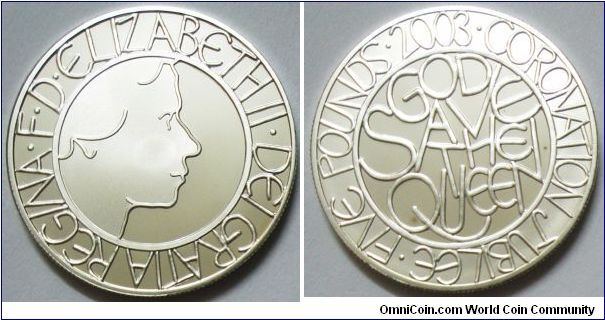 United Kingdom, Queen Elizabeth II, 5 Pounds, 2003. Subject: Coronation Jubilee. God Save The Queen. PROOF.