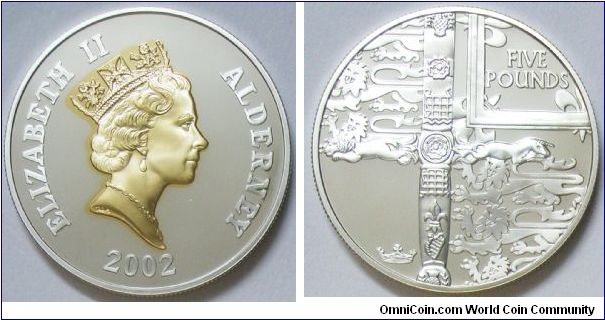 Alderney, Queen Elizabeth II, Five Pounds, 2002. PROOF.