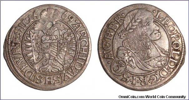 AUSTRIA~3 Kreuzer 1669. Under Archduke: Leopold Habsburg I. Mint: Breslau (Wroclaw).