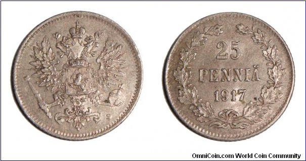 FINLAND (GRAND DUCHY)~25 Pennia 1917.