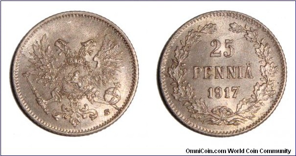 FINLAND (TRANSITIONAL)~25 Pennia 1917. Issued during the Russian Civil War prior to declaring independence.