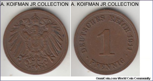 KM-10, 1911 German (Empire) pfennig, Stuttgart mint (F mint mark); copper, plain edge; Wilhelm I, about uncirculated or uncirculated.