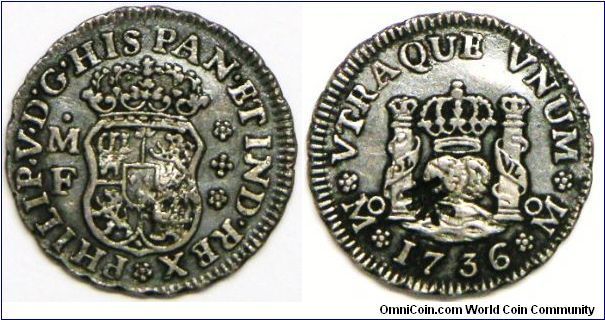 Phillip V (1700 - 1746), 1/2 Real, 1736 MF. 1.6917 g, 0.9170 Silver, .0499 Oz. ASW. With chinese character chop-mark. Circulated in China. AU Detail, nicely toned.. [SOLD]