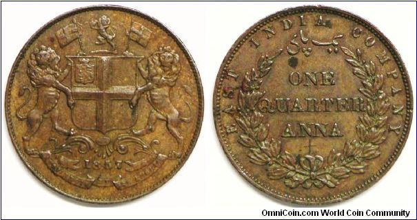 British Colony, East India Company, 1/4 Anna, 1857(h), Key Date. Reverse: Wreath tips are single leaves. Copper. Mintage: 47,040,000 units.