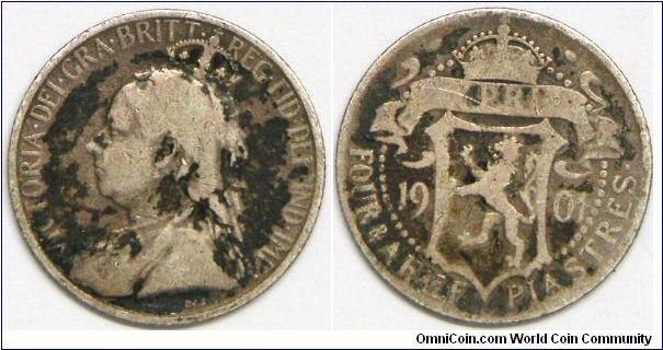 Queen Victoria, British Colony, Piastre Coinage, 4 1/2 Piastres, 1901 (One year type). 2.8276 g, 0.9250 Silver, .0841 Oz. ASW. Mintage: 400,000 units. G. [SOLD]