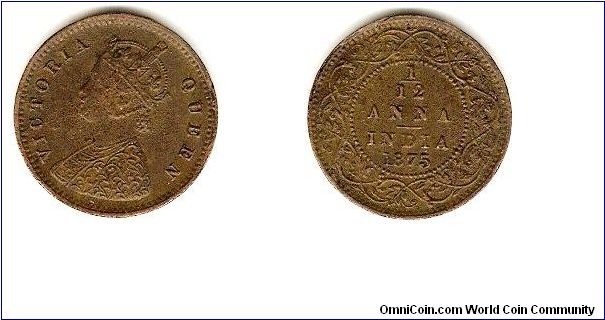 British India
1/12 anna
Victoria queen
copper
