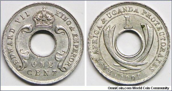 East Africa & Uganda Protectorates, Edward VII, One Cent, 1907. Aluminium. Mintage: 6,948,000 units. AU. Scarce in this condition. 
