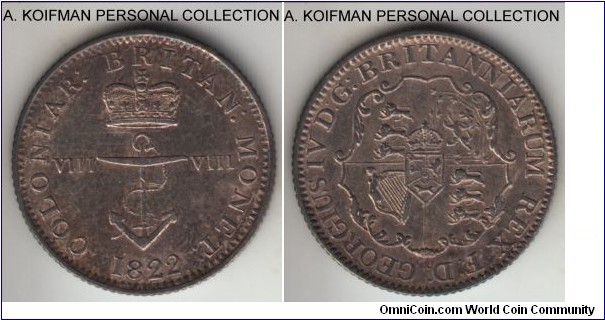 KM-2, British West Indies 1/8'th dollar; silver, reeded edge; good extra fine or better, pleasant toning over luster, looks to be a no overdate variety.