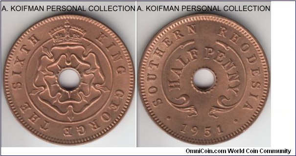 KM-26, 1951 Southern Rhodesia half penny; bronze, plain edge; red brilliant uncirculated, good coin.