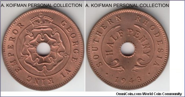KM-14a, 1943 Southern Rhodesia penny; bronze, plain edge; mostly red uncirculated nice, a small flan defect or rim impact on obverse.
