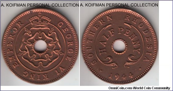 KM-14a, 1944 Southern Rhodesia penny; bronze, plain edge; red uncirculated or almost, carbon spot or two on each side, somewhat muted luster but does not appear to have been washed.