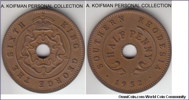 KM-26, 1952 Southern Rhodesia half penny; bronze, plain edge; brown good extra fine to about uncirculated.
