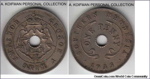 KM-7, 1935 Southern Rhodesia penny; copper-nickel, plain edge; very fine or so, some staining.