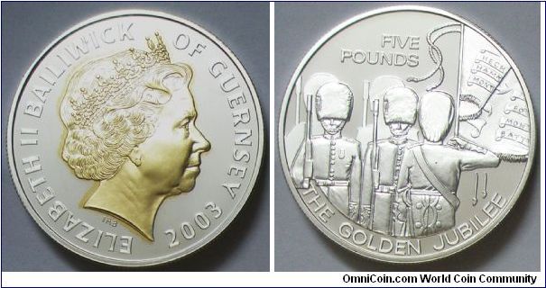 Bailiwick of Guernsey, Queen Elizabeth II, 5 Pounds, 2003. The Golden Jubilee. PROOF.
