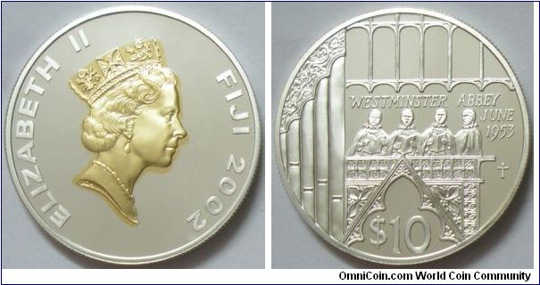 Fiji, Queen Elizabeth II, 10 Dollars, 2002. Subject: Westminster Abbey June 1953. PROOF.