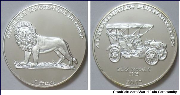 Congo, 10 Francs, 2002. Subject: Automobiles Historiques. Buick Modell C 1905. PROOF.