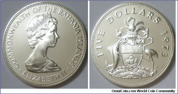 Commonwealth of The Bahama Islands, Queen Elizabeth II, 5 Dollars, 1973. PROOF.