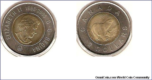 2 dollars
10th anniversary of the 2 dollars denomination on coins
polar bear with northern light
Elizabeth II, effigy by Susanna Blunt