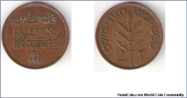 Palestine

Year: 1941
Denomination: 2 Mils
Composition: Bronze Alloy