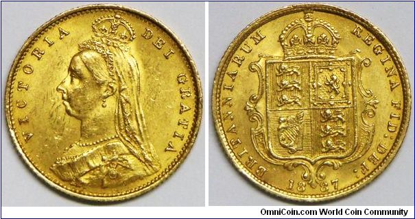 Queen Victoria, 1/2 Sovereign, 1887. 3.9940 g, 0.9170 Gold, .1177 Oz. AGW. Mintage: 872,000 units. Good XF.