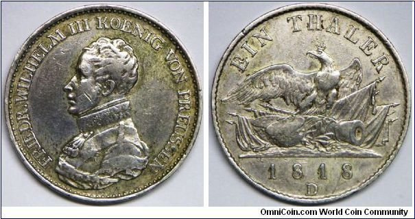 German States - Prussia, Friedrich Wilhelm III, Thaler, 1818D. 22.04 g, 0.7500 Silver, .5371 Oz. ASW. Small rin nick. Good VF.