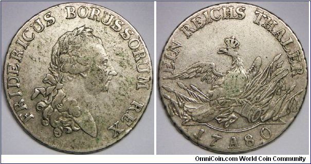 German States - Prussia, Friedrich II, Thaler, 1780A. 21.92g, 0.7500 Silver, .5370 Oz. ASW. Mint: Berlin. Mintage: 211,000 units. Cleaned. Very fine detail.