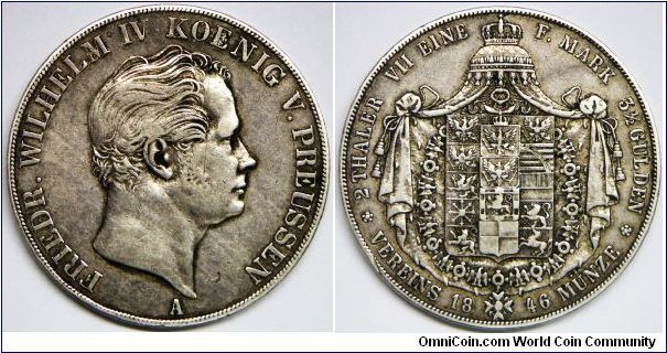 German States - Prussia, Friedrich Wilhelm IV, 2 Thaler (3-1/2 Gulden). 1846A. 37.1190 g, 0.9000 Silver, 1.0742 Oz. ASW. Mintage: 1,472,000 units. Good VF.