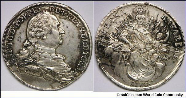 German States - Bavaria, Karl Theodor (Obv: H. ST. on shoulder), Thaler, 1778. Obverse: Bust right in vestments. Reverse: Madonna and Child. 28.0600 g, 0.8330 Silver, .7515 Oz. ASW. XF. Some adjustment marks on the Reverse. Slightly difficult to find this fine.