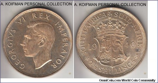 KM-30, 1940 South Africa (Dominion) 2 and 1/2 shillings; silver, reeded edge; a combination of what looks like freshly polished dies and some toning creates interesting proof like cameo effect on obverse, otherwise about uncirculated or better coin.