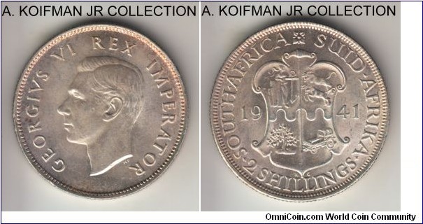 KM-29, 1941 South Africa (Dominion) 2 shillings; silver, reeded edge; George VI, nice lustrous uncirculated.